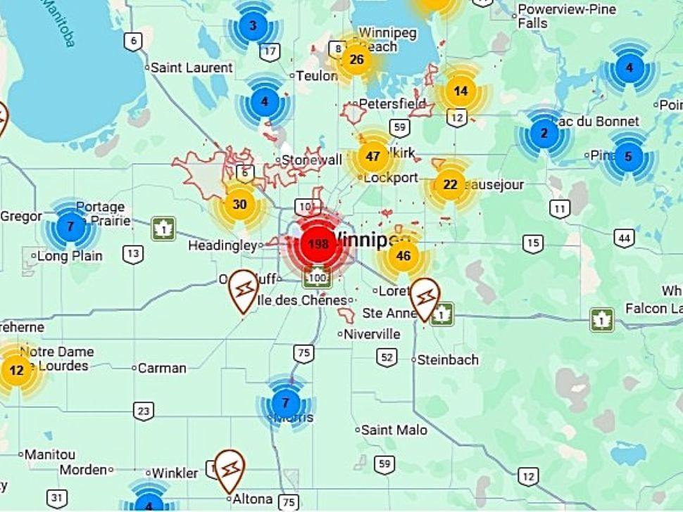 map of manitoba with power outage spots mapped